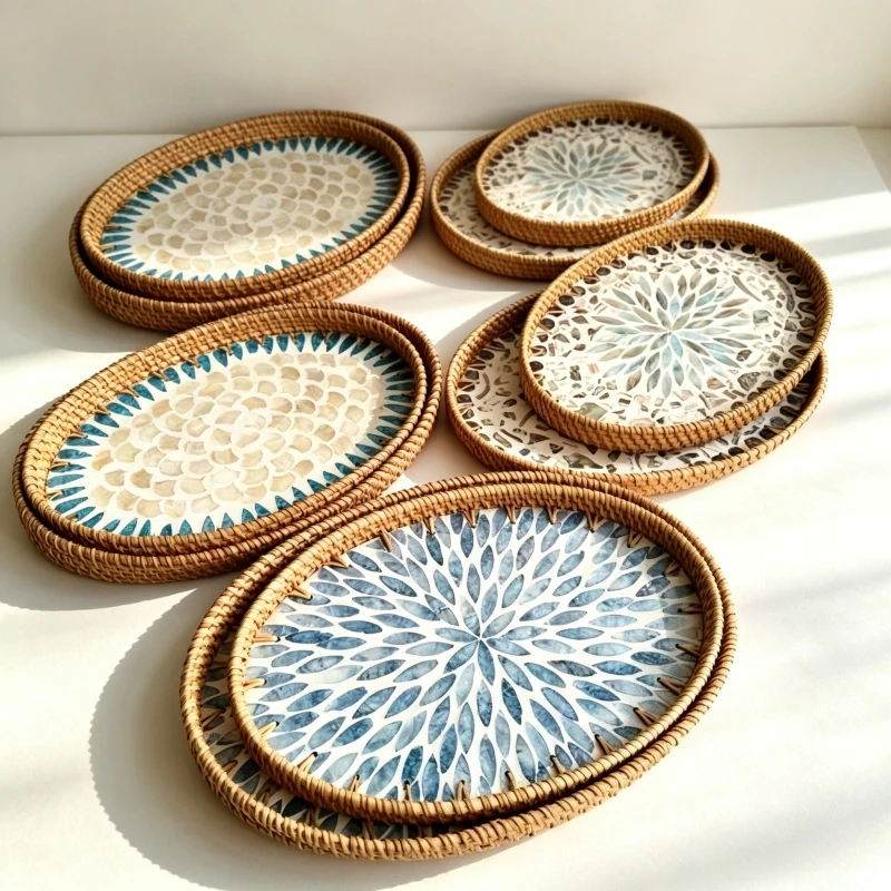 Nordic Green Plant Seashell Rattan Tray Natural Colorful Seashells Storage Tray Creative Oval Fruit Platter Decorative Ornaments