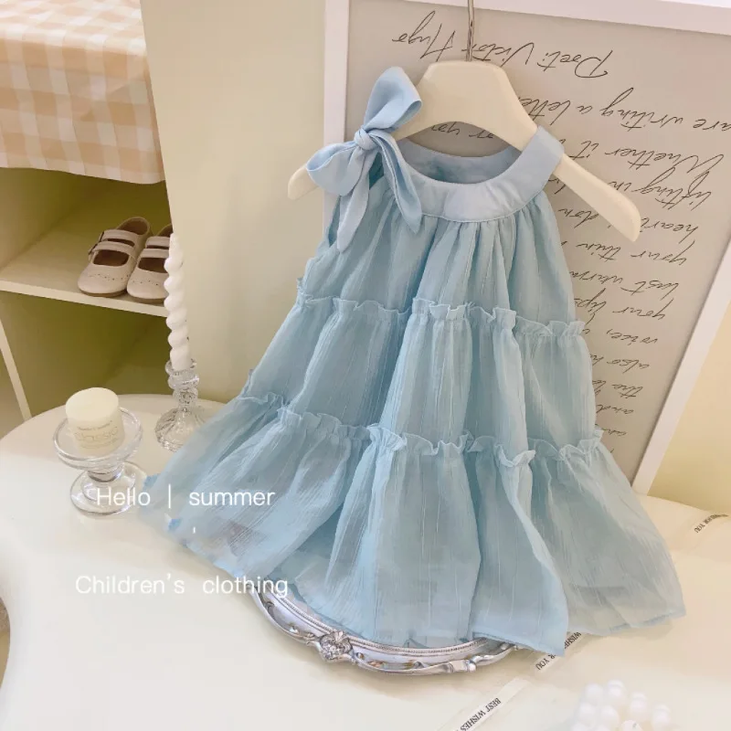 Sweet Ethereal Summer Bow-Tie Dress for Girls Sleeveless Off-the-Neck Children's Dress