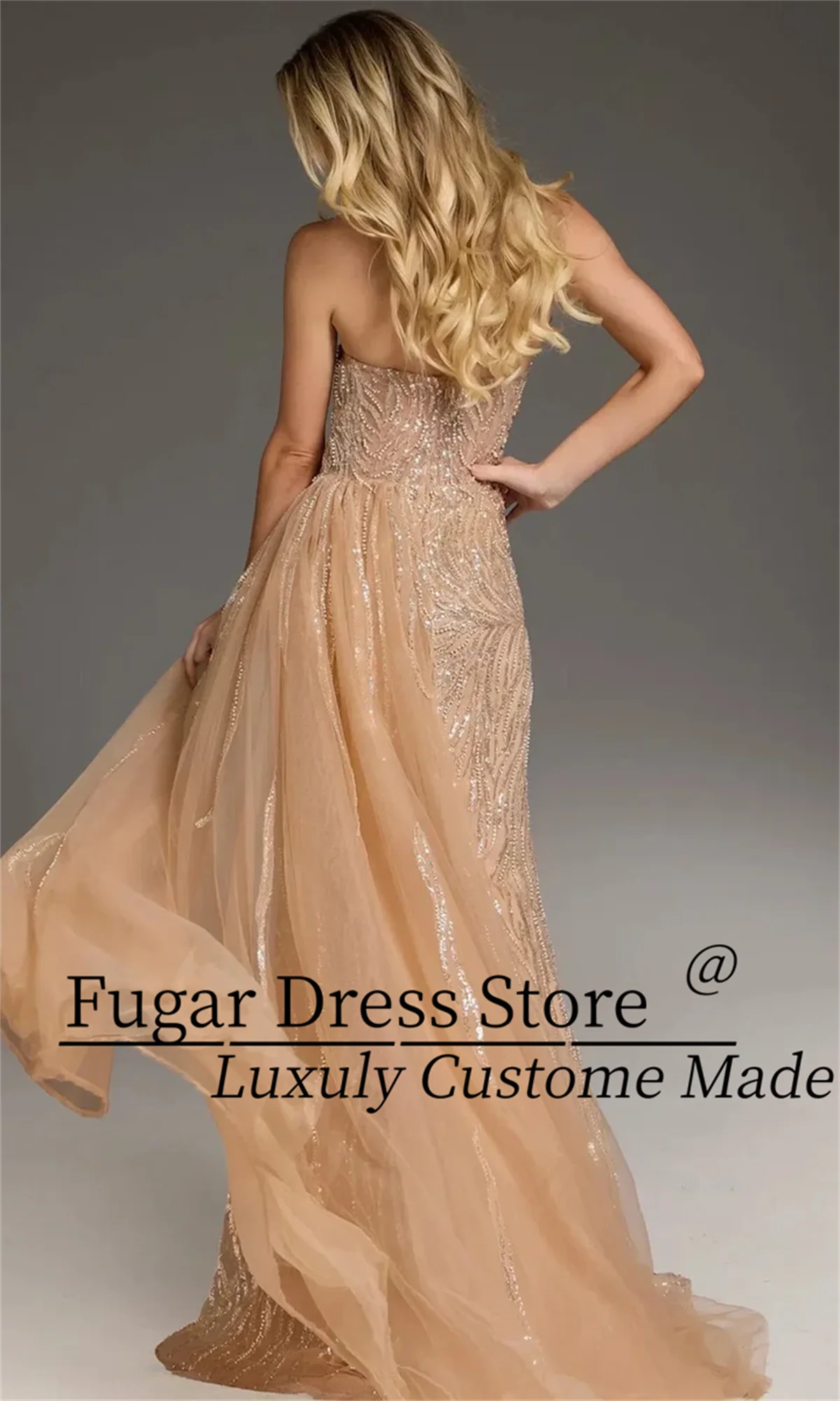 

TIANTIAN Customized Sexy Strapless Ruffle Detail High Slit Beaded Sequin Side Overskirt Formal Evening Prom Dress فساتين سهرة