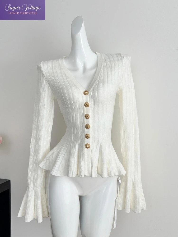 Cardigan en tricot à manches longues évasées et col en v pour femme, haut Vintage élégant, coupe cintrée, couleur unie, nouvelle mode coréenne Y2K, automne Y2k