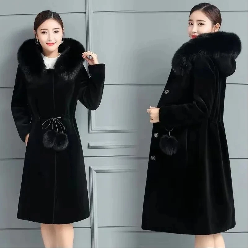 Women'S Mink Coat Mid-Length Mink Velvet Imitation Fur Hooded Jacket Women'S Slim Autumn Winter New Large Size Thicken Fur Coat