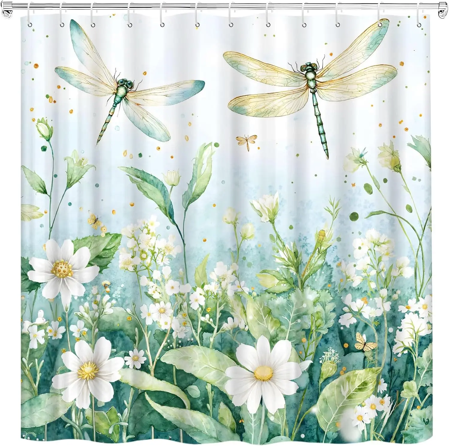 Dragonfly Floral Shower Curtain Green Leaves Fantasy Watercolor Spring Rustic Wildflower Splash Ink Cute Animals Botanical Women