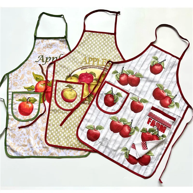 

1Pc Vintage Fruits Apple Printed Cotton Polyester Home Baking Kitchen Hanging With Hand Towel Pocket Apron