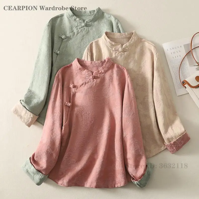 

Новая рубашка в стиле тан для весны и осени, улучшенная версия в китайском стиле, для чайной церемонии, свободная повседневная, жаккардовая, с воротником-стойкой, с длинным рукавом