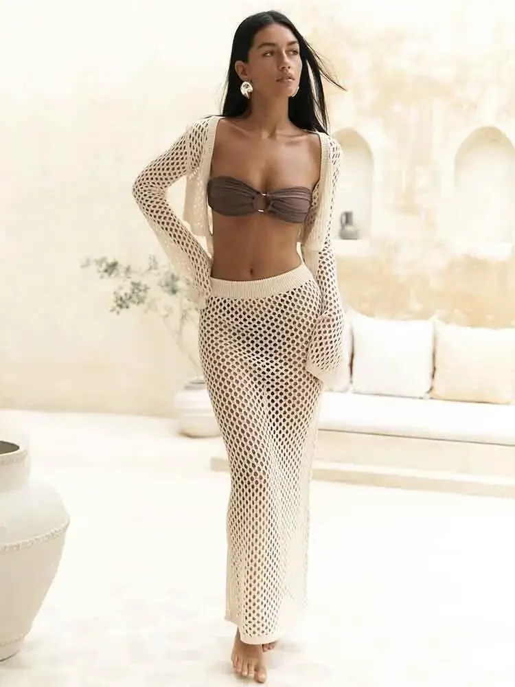 Sexy Knit Cut Out Two Piece Swimsuit Cover Up 2025 Summer Women Bell Sleeve Waist Tie Up Top Long Skirt Set Club Beach Dress K41