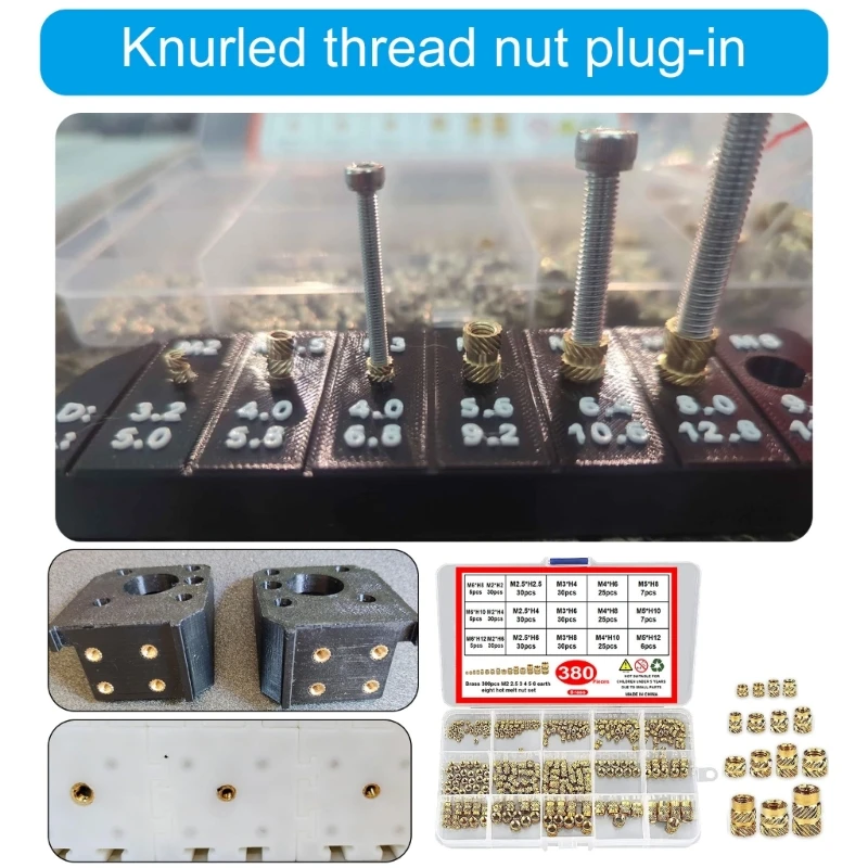 380Pcs 2/2.5/3/4/5/6mm Threaded Inserts Knurled Nut Inserts for 3D Printing