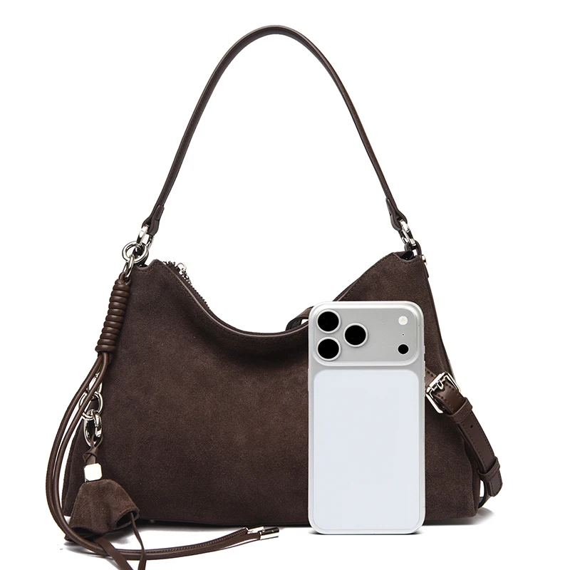 100% Echtes Wildleder Damen Schulter-Umhängetaschen Retro Echtleder Handtasche Designer Große Kapazität Pendler-Handtaschen – Detail 19