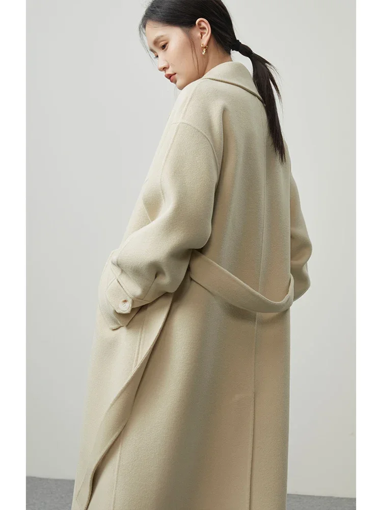 ZIQIAO Classic 100% Woolen Long Coat Women Winter 2022 Hepburn Style Solid Color Mid-length Double-s