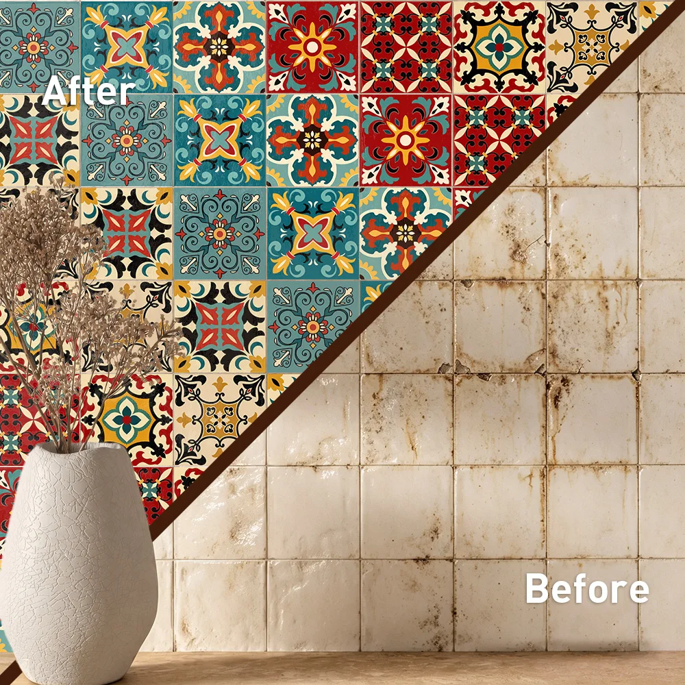 Heritage Medallion Mix Tile Stickers, Vintage Floral Self Adhesive Decals, Vibrant Waterproof Wall Decor for Home Renovation