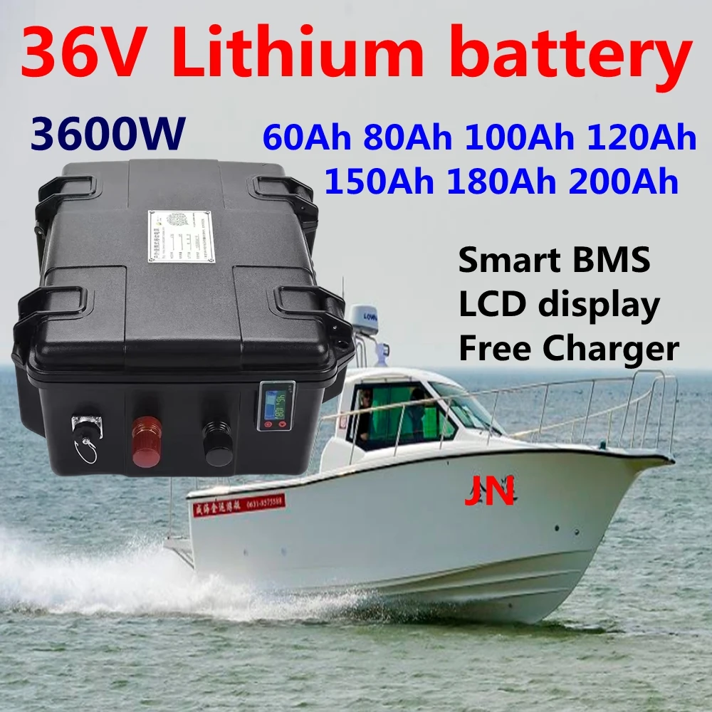 JN-Waterproof 36V 60Ah 80Ah 100Ah 120Ah 150Ah 200Ah lithium battery pack 42V BMS 3600W for trolling motor fish  boat + Charger.