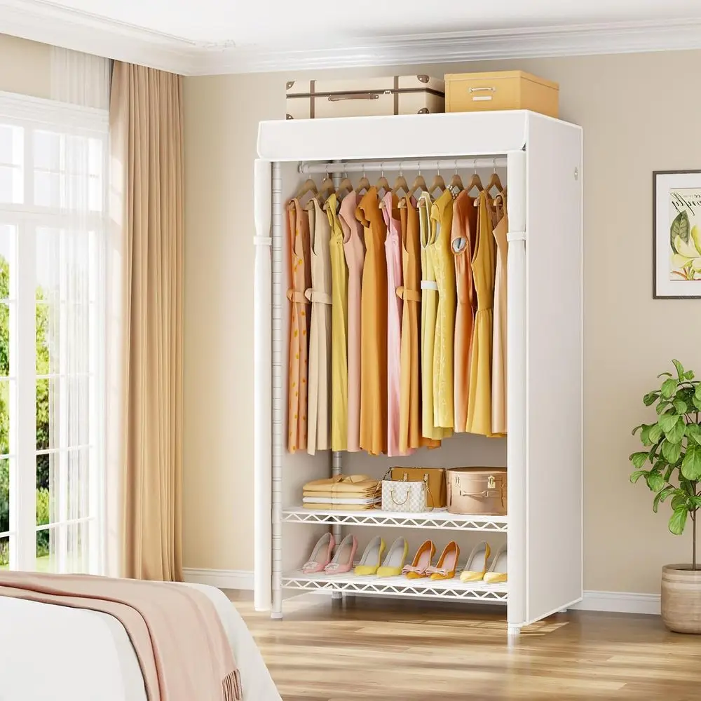 H5C Clothes Rack with Cover, Portable Closet or Hanging Clothes, Covered Clothing Racks Heavy Duty, Garment Racks with Shelves,