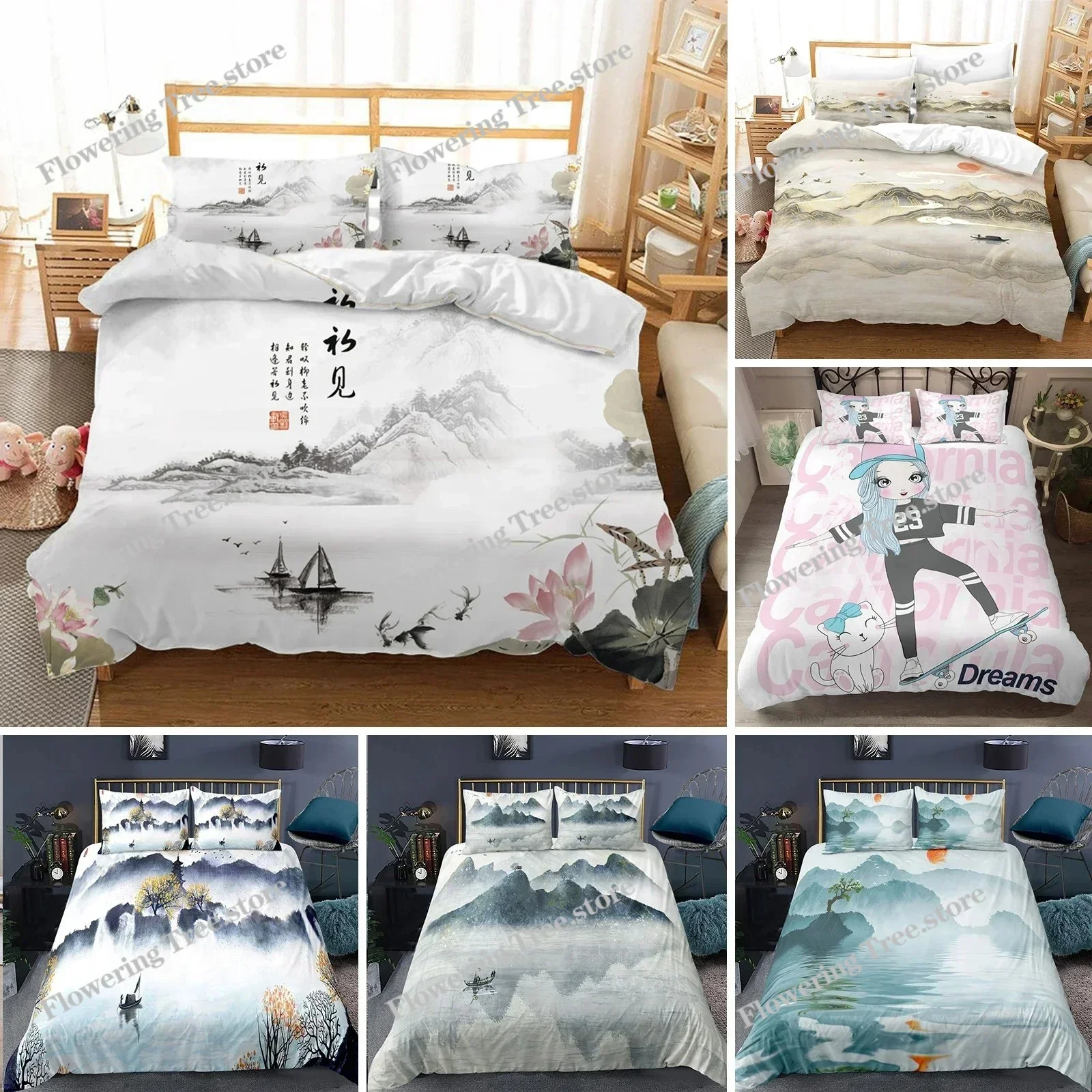 Nature Landscape Duvet Cover KingQueen Size,Chinese Ink Painting Style Bedding Set Mountain River Polyester Quilt Cover029