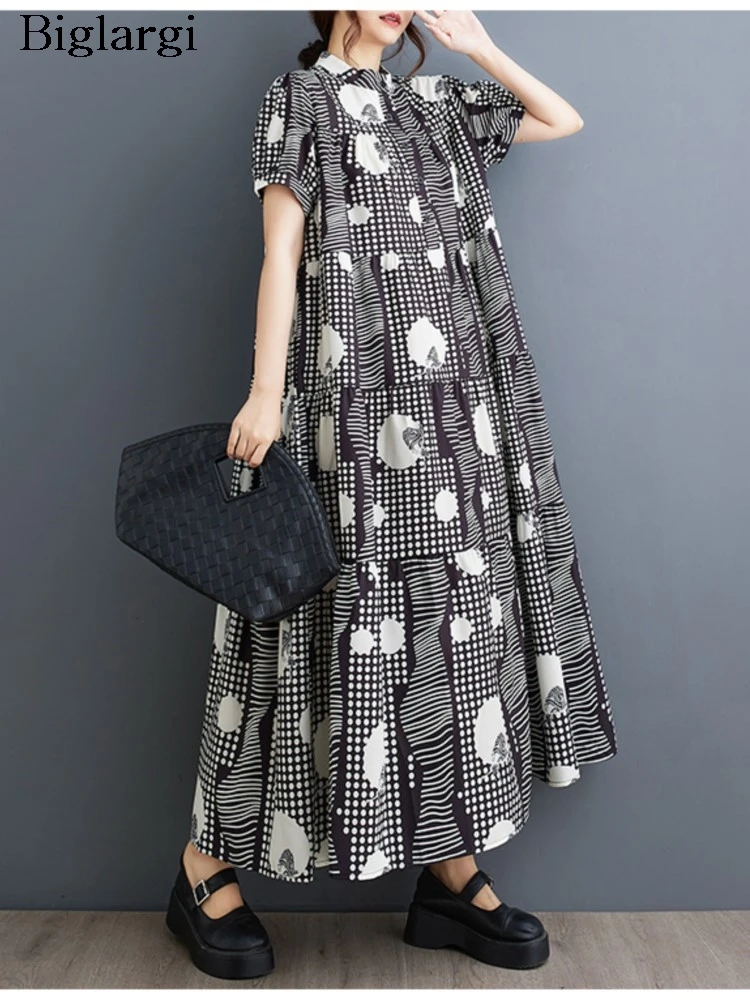 

Oversized Summer A-Line Dress Women Irregular Striped Polka Dot Print Modis Ladies Dresses Loose Ruffle Pleated Woman Long Dress