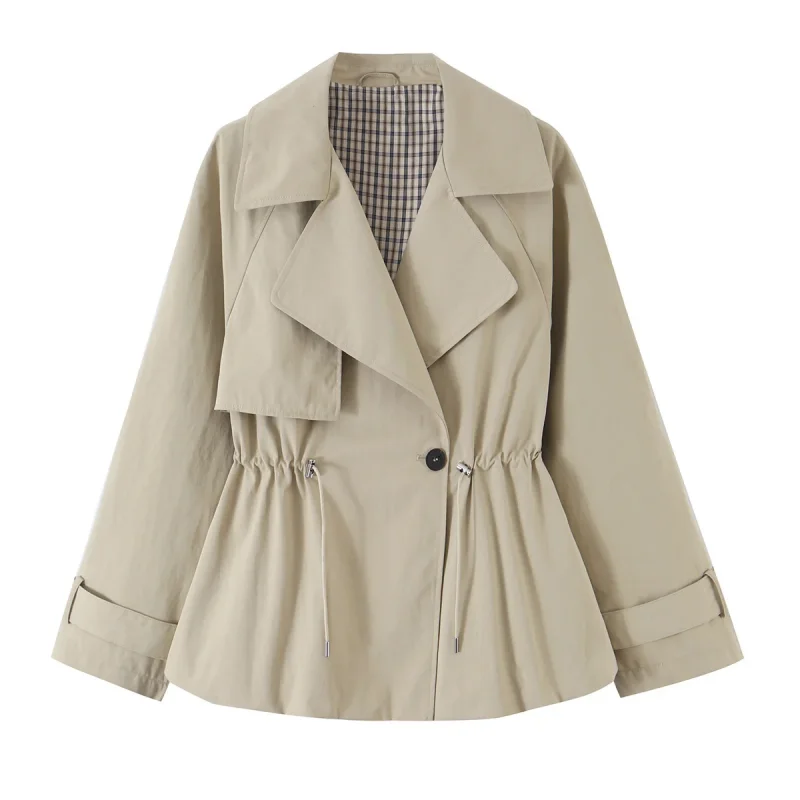 Minimalistische, figurbetonte Jacke für Damen mit Reverskragen und Knopfverzierung, verstellbare Taille, Damen-Herbstmantel mit langen Ärmeln. – Detail 3
