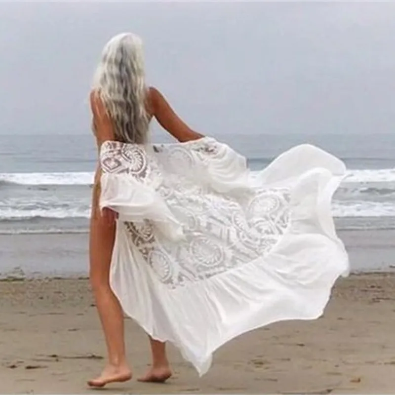 Elegant Beach Cover Up for Women Chiffon Kaftan with Lace Trim and Floral Embroidery Loose Fit Vacation Shirt Sun Shield Layerin