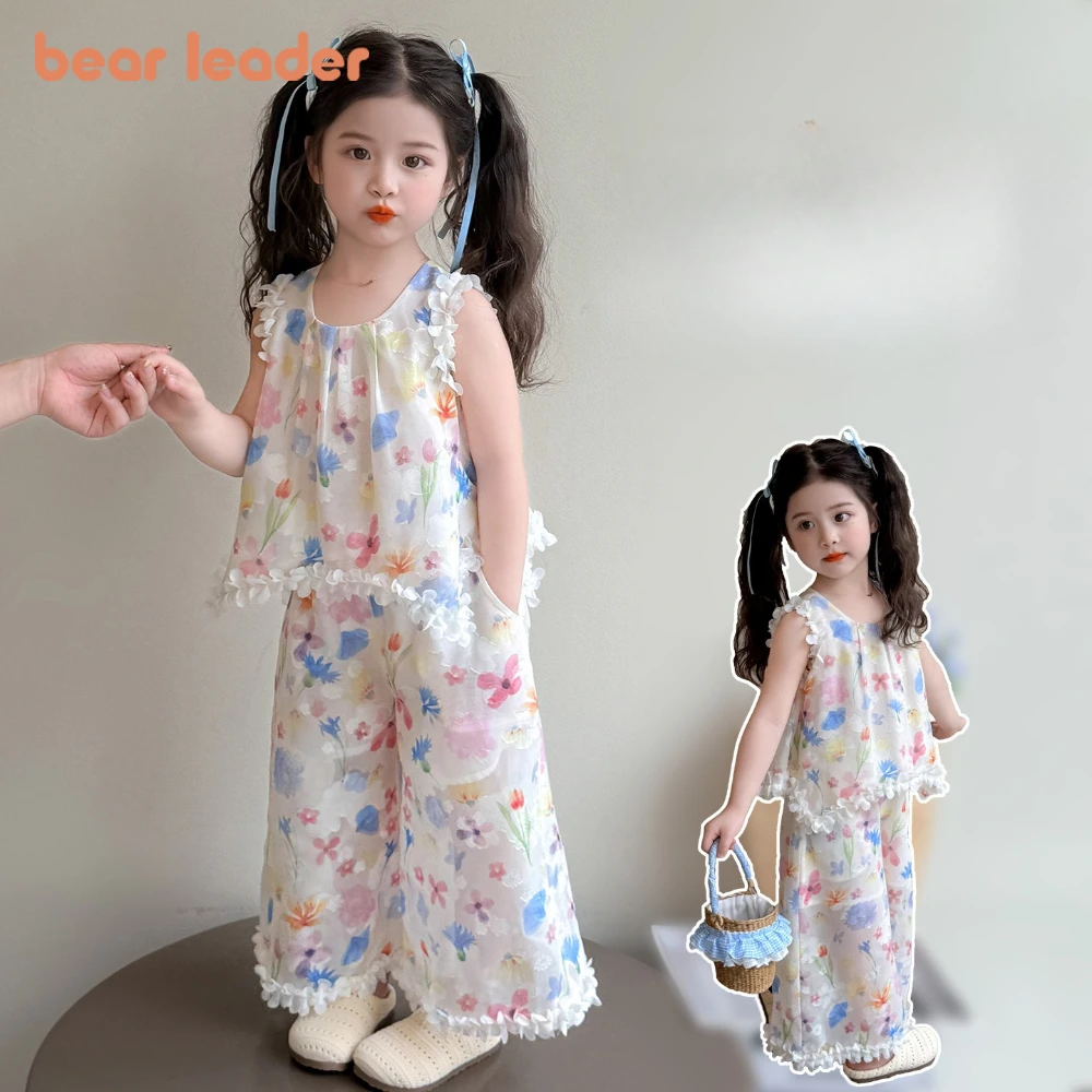 

Комплект детской одежды Bear Leader 2026: летний корейский стиль, милый кружевной топ без рукавов и брюки для девочек 2-7 лет