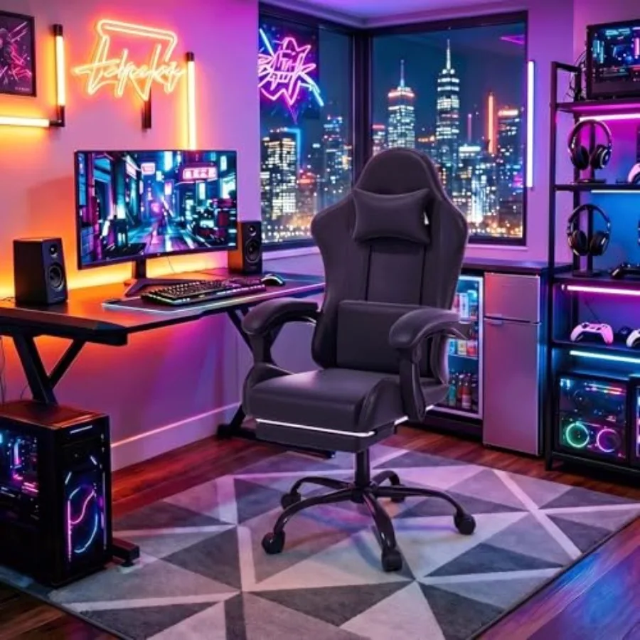 Gaming Chair for Home Office Use, PU Leather, Black, Ergonomic Lumbar Support and 360 Swivel