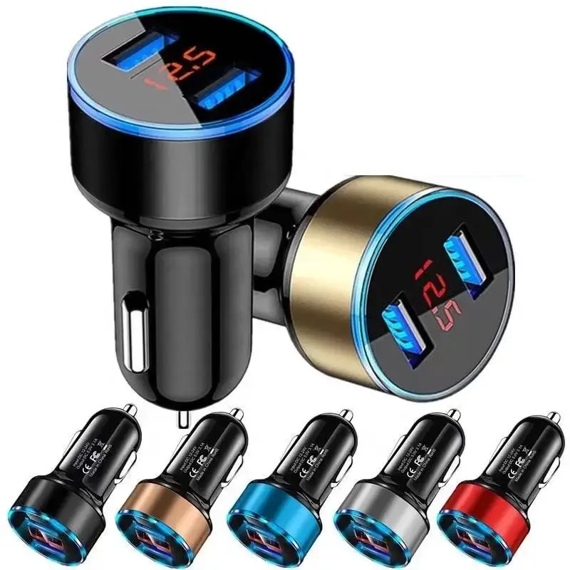 1/2pcs Car Charger, Cigarette Lighter, Smartphone Adapter, Phone Charger, Dual USB Digital Display, Voltmeter, Fast Charging