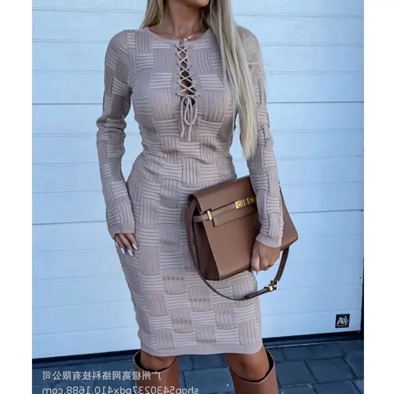 Spring Summer New Dress Women's Long Sleeve Round Neck Solid Color Dress Women's Elegant Lace-up Slim High Waist Dress