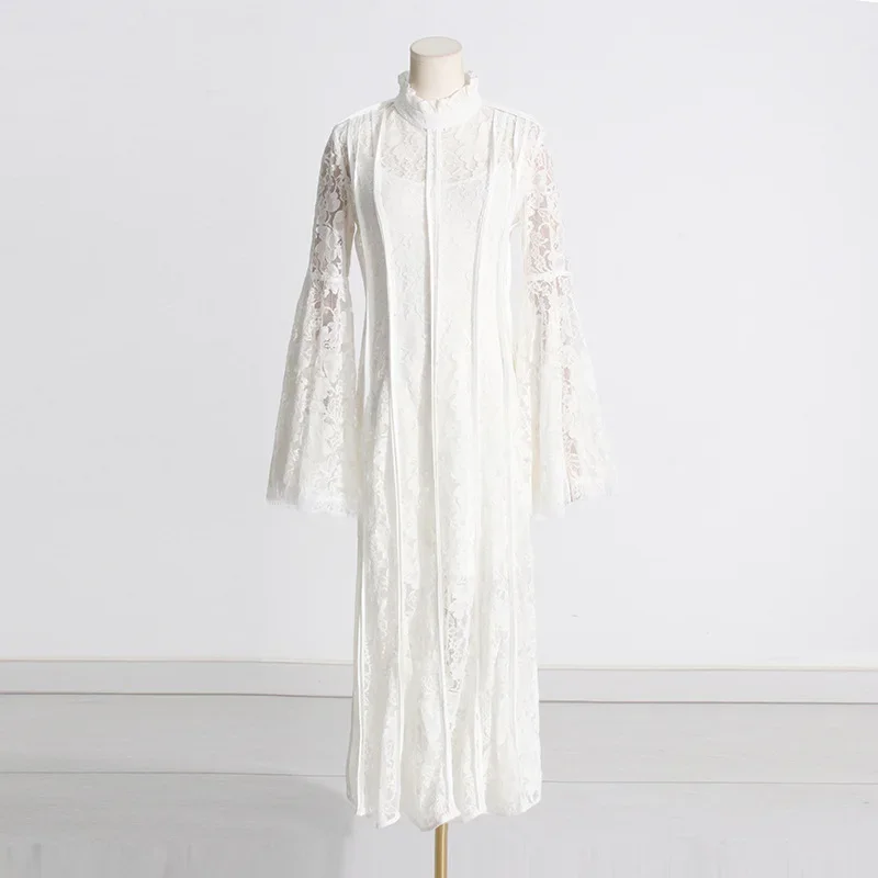 French Retro Elegant Style 2024 Spring and Summer New Lace Neckline Embroidery Heavy Pleated Long Dress for Women