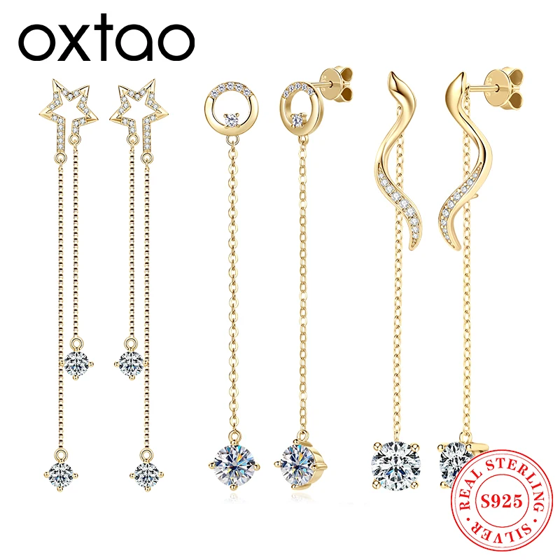 

OXTAO Длинные серьги-цепочки с кисточками, круглые серьги-капли с муассанитом, стерлинговое серебро 925, цвет D, блестящие бриллианты, женские украшения