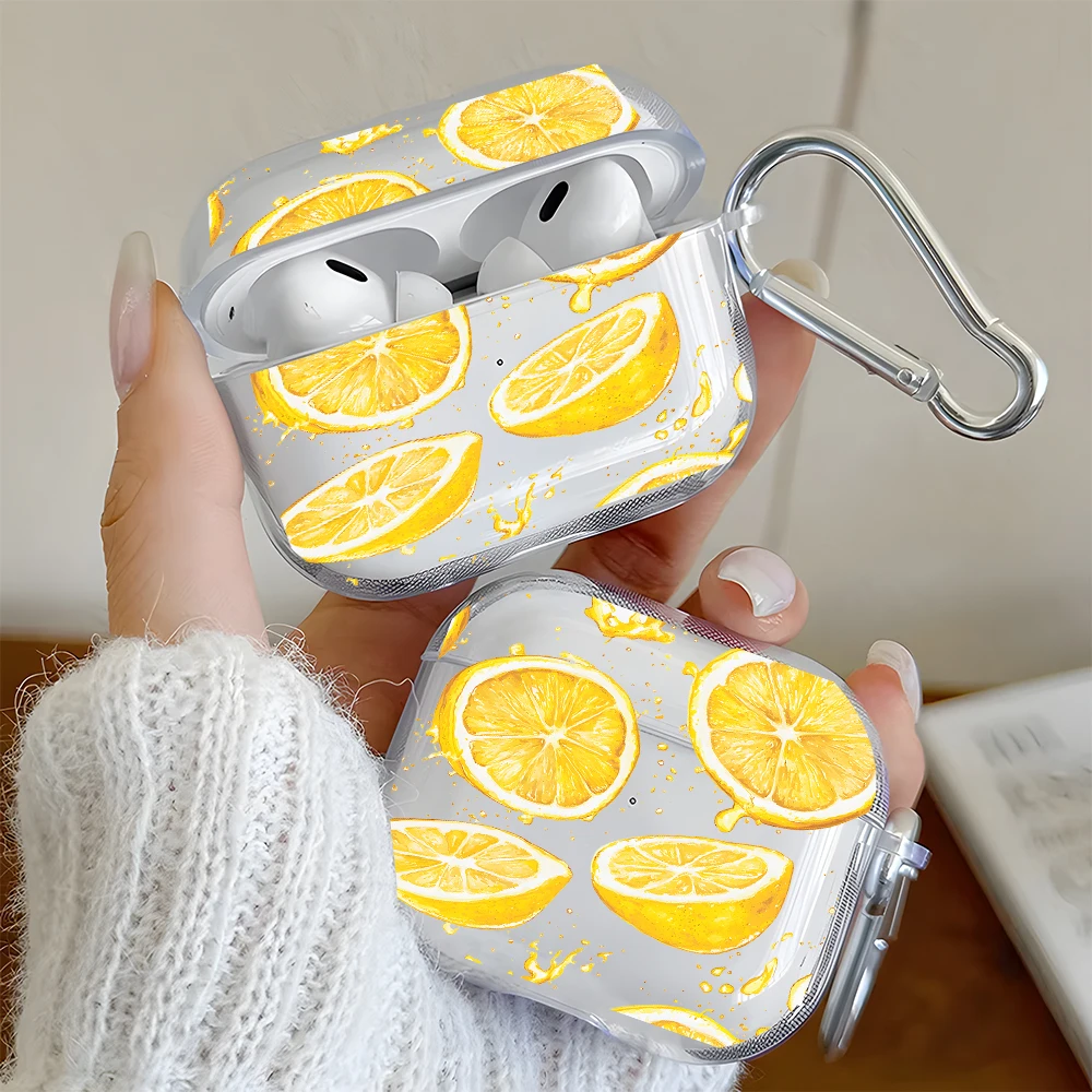 Summer Fresh Lemon Pattern Clear Earphone Case for AirPods 1/2/3/4 Earbuds Case for AirPods Pro 2/Pro 3/Pro TPU Protective Cover