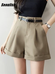 Seoulish-pantalones cortos formales para mujer, Shorts de pierna ancha con cinturón, estilo coreano, elegantes e informales, 2022