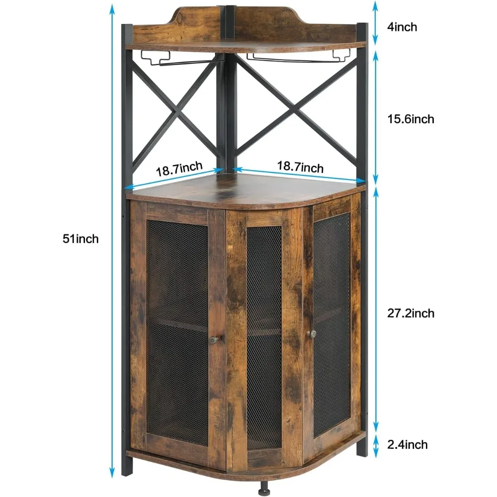 Gabinete de barra de esquina con soporte de vidrio, gabinete de vino Industrial con puerta de malla, gabinete de barra de licor con estante ajustable