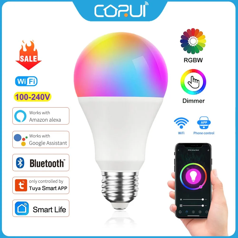 CORUI Tuya WiFi E27 B22 Smart Dimmable Bulb RGBCW 100-240V LED Light Smart Life App Control Support Alexa Google Home Alice