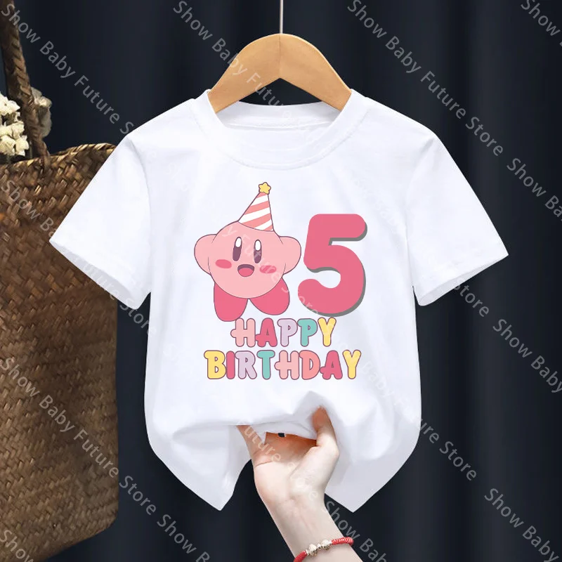 Party-Geburtstags-T-Shirt für Teenager, Cartoon Kirby, niedliches Sommer-T-Shirt aus Baumwolle mit Zahlen, bedruckte Kleidung, Anime, atmungsaktive Oberteile, Geschenke