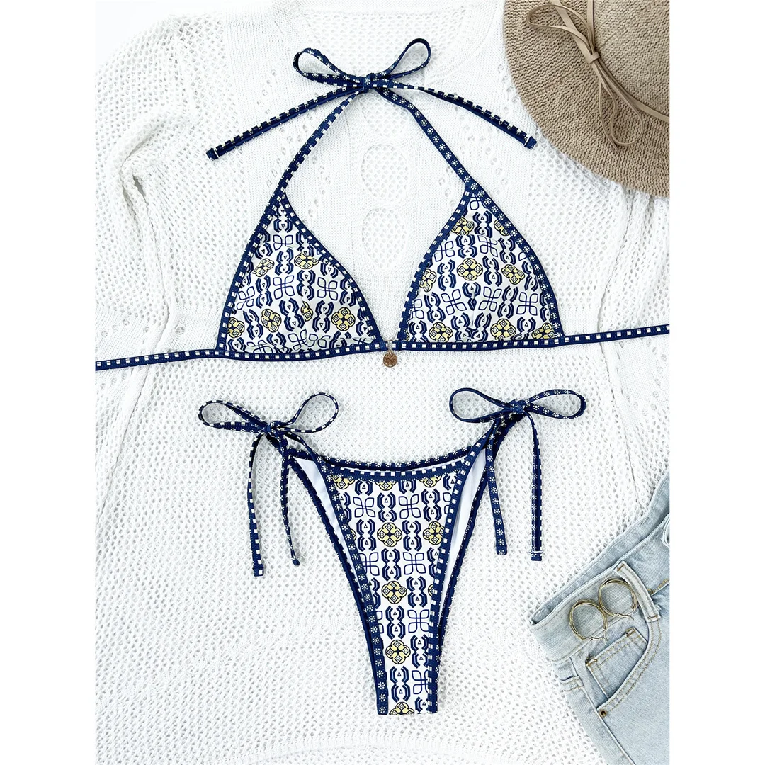 Bedruckter Neckholder-Bikini mit hohem Beinausschnitt und Riemchen, Damen-Badeanzug, zweiteiliger Bikini-Set, Badebekleidung, Badeanzug, Schwimmanzug V5648 – Detail 9