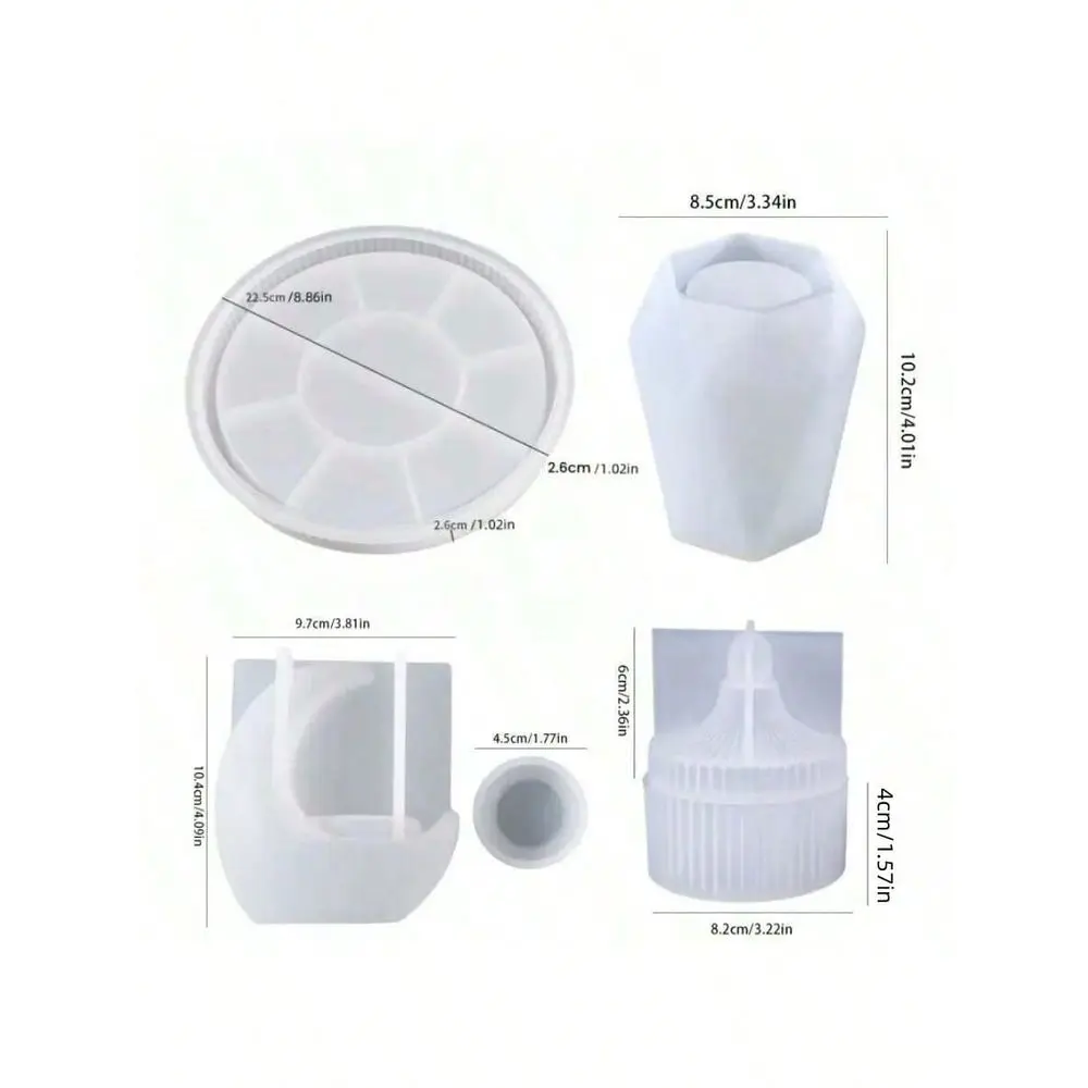 4pcs Set: Moon Candle Holder, Faceted Vase, Striped Storage Box, Striped Plate Silicone Mold, Home Decor Accessories