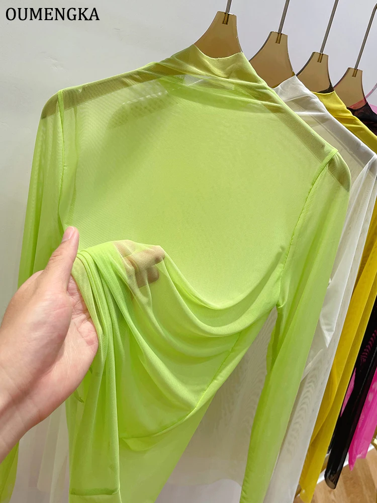 OUMENGKA sałata wykończenia falbany rękaw przezroczysta siateczka góry kobiet T-Shirt z dzianiny białe Poleras Mujer De Moda lato gorąca, seksowna