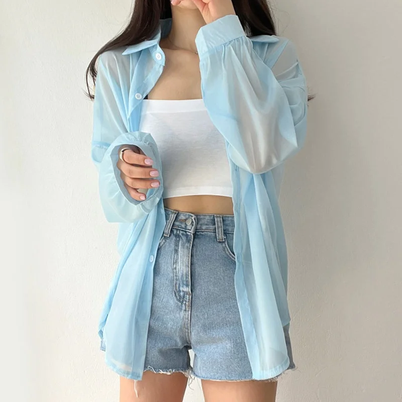 Chique verão casual doce cor lapela único botão solto manga longa proteção solar antung blusa topo moda fena