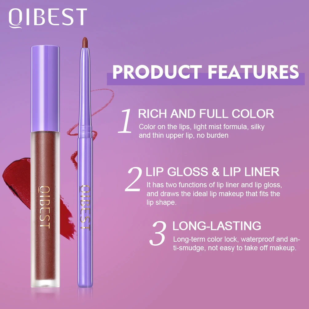 QIBEST Matte Liquid Lipstick Lipliner Pen Sets Waterproof Sexy Red Lip Gloss Lip Liner Kits Long-Lasting Makeup Lipstick Pen