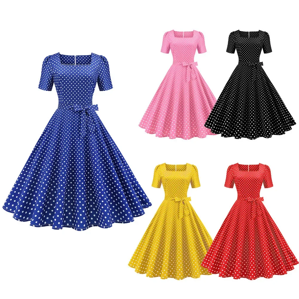 

Woman Retro Dresses 1950s 60s Rockabilly Polka Dot Printed Bowknot Pinup Ball Gown Party Dress Robe Vestidos