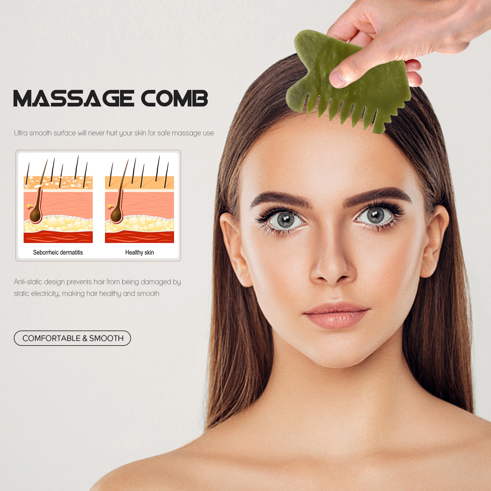 

1Pcs Natural Jade Comb Green Hair Scalp Massager Antistatic Relaxation Fatiguerelief Durable Massage Comb