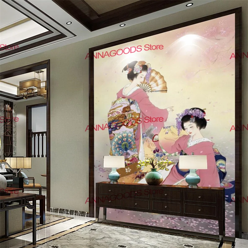 Custom Japanese Ukiyo-e Sakura Geisha Mural 3D Sushi Restaurant Izakaya Wall Paper Tatami Decor Wallpaper Papel De Parede 3d