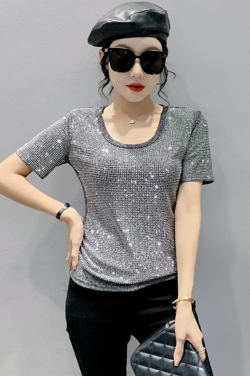 New Women\'s Short Sleeve Bling T-Shirt, Chic Sexy Shiny All Diamonds, Y2K Tops, Hand Make Tees, European Clothes, Summer, 2024