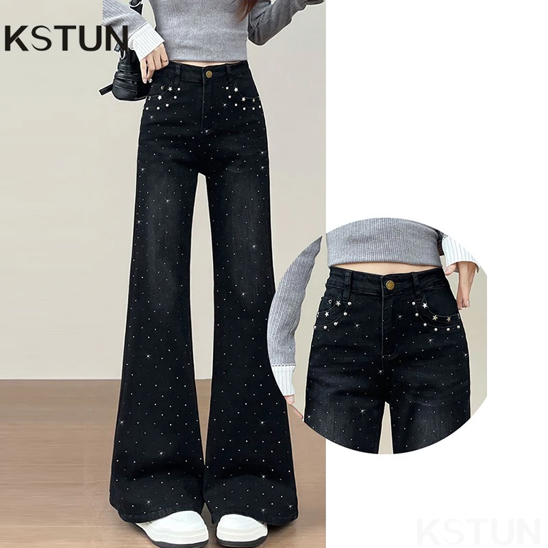 

KSTUN Micro-Flared Jeans For Women High-end Black Studded Diamond Ladies Bell-bottoms Trousers High Waist Stretch Denim Pants