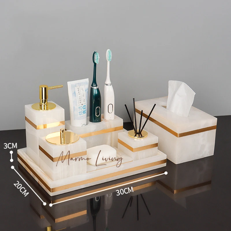 

White Onyx Natural Marble Bathroom Accessories Gold Luxury Soap Dispenser Cotton Swab Holder Toothbrush Holder Bathroom Set