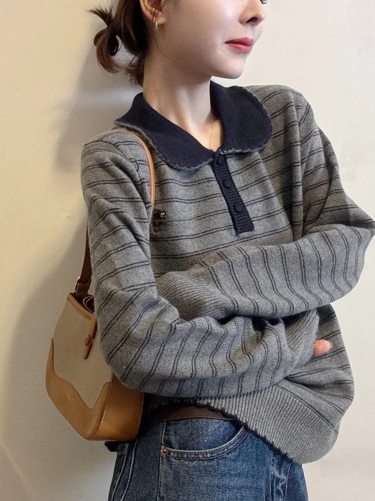 Maglieria coreana a righe con colletto a maniche lunghe da donna, maglione ampio e pigro, unico, per l'autunno inverno da indossare ogni giorno