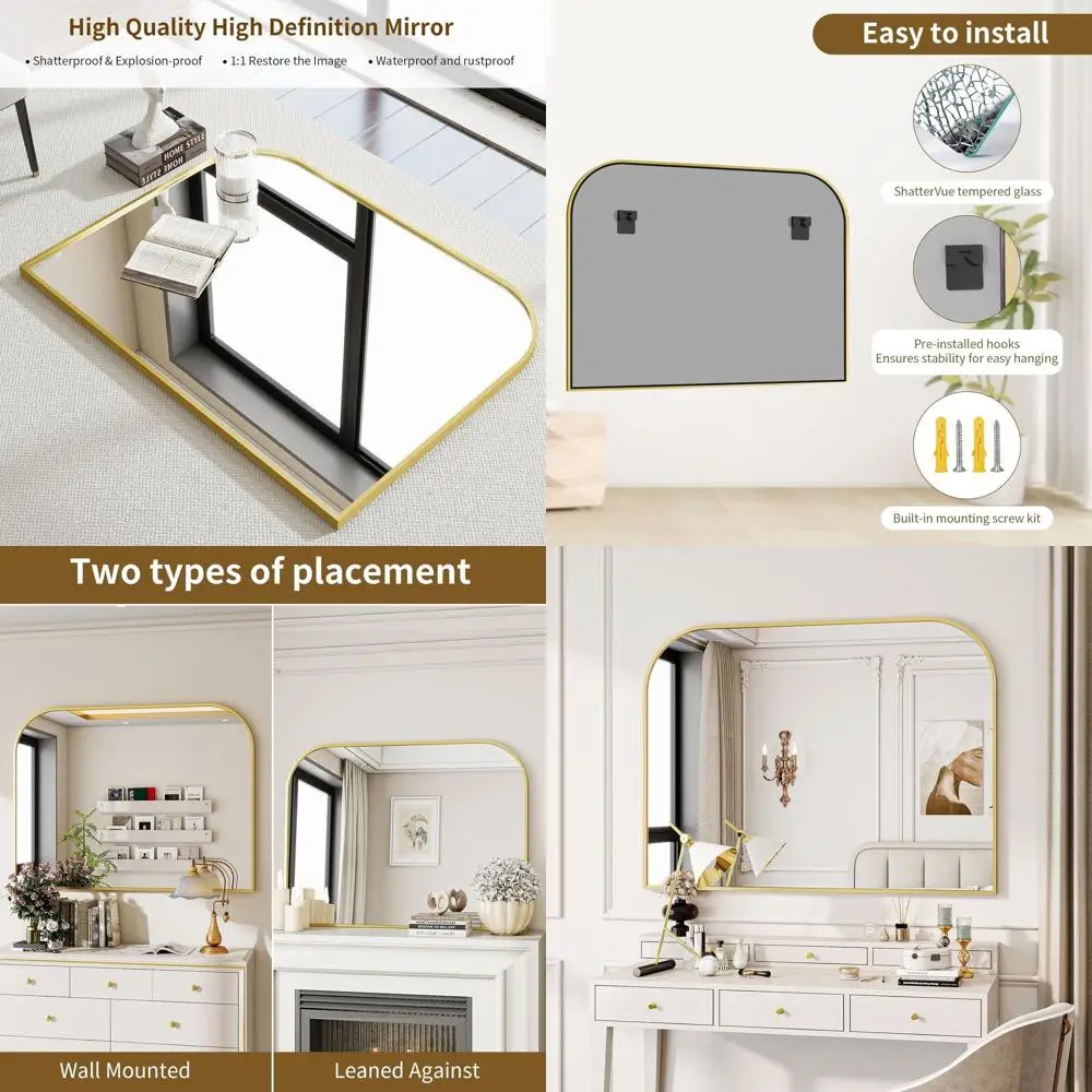 Espelho de banheiro superior curvo 38x30 com moldura larga, moldura de alumínio, adequado para sala de estar, quarto e entrada