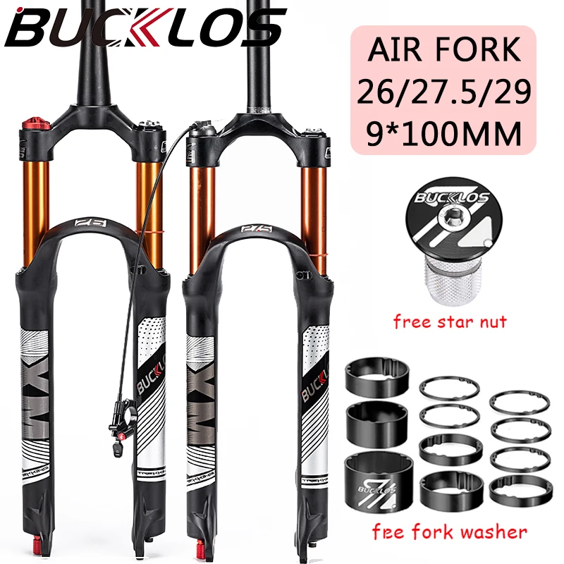 

BUCKLOS Bicycle Air Fork 26 27.5 29 Mountain Bike Fork 9*100mm Remote/manual MTB Forks Straight/Tapered Tube Air Forks