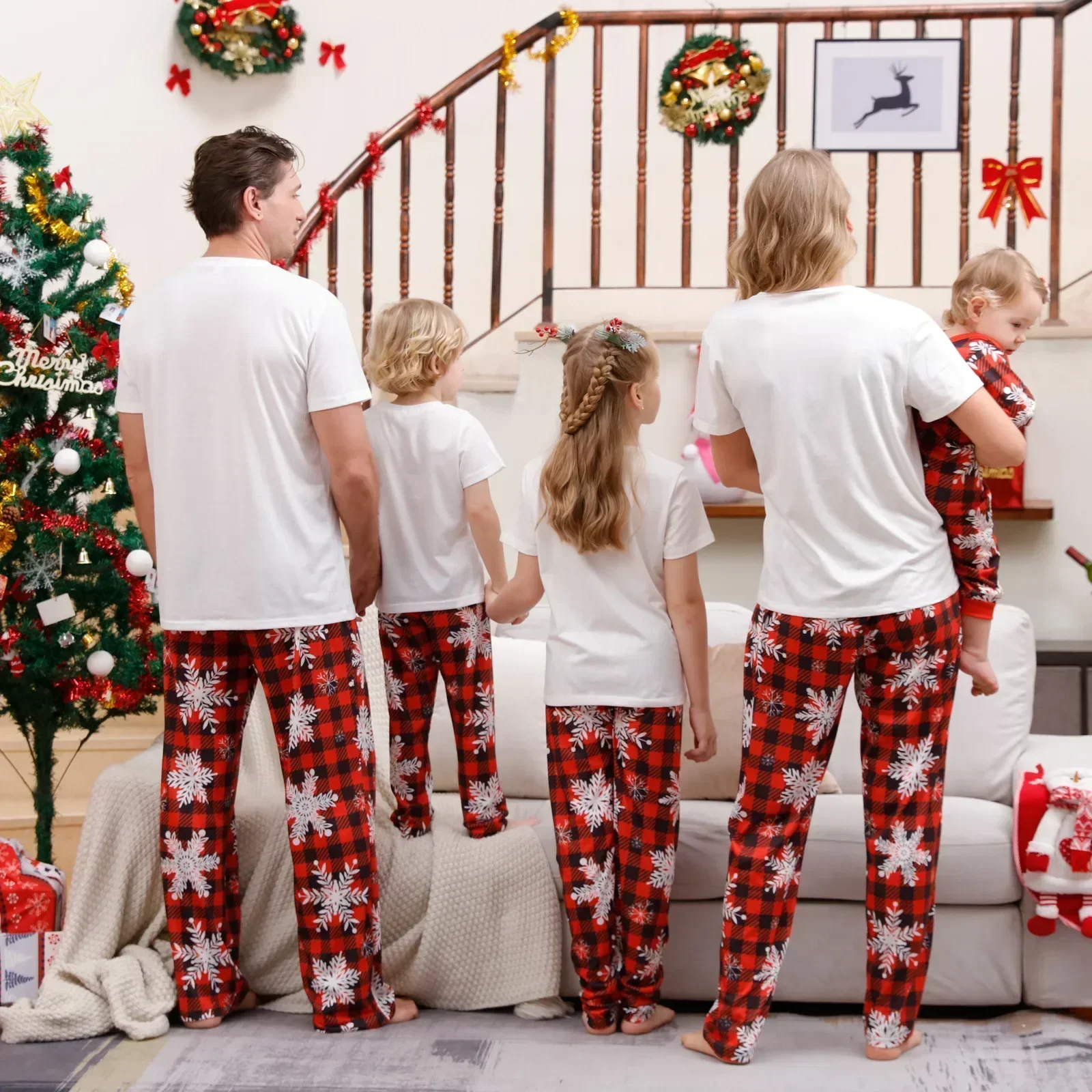 Merry Christmas Santa Tree Print Pajamas Set Short Sleeve Adults Kids Matching Outfits Soft Loose Sleepwear Xmas Family Look Pjs