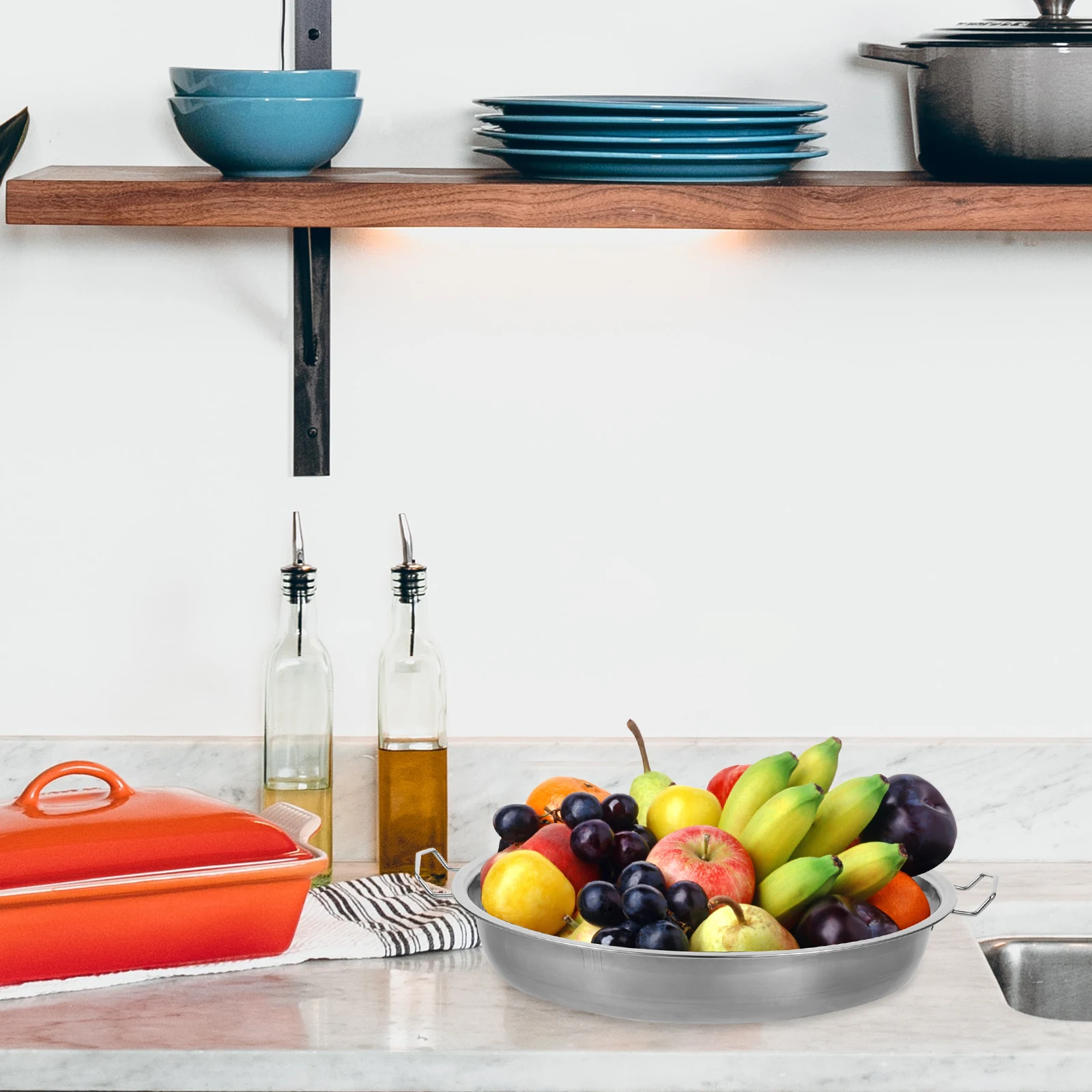 

1pc 28Cm Stainless Steel Steaming Plate Cold Noodle Serving Tray With Handle Food Storage Container Kitchen Dining Home