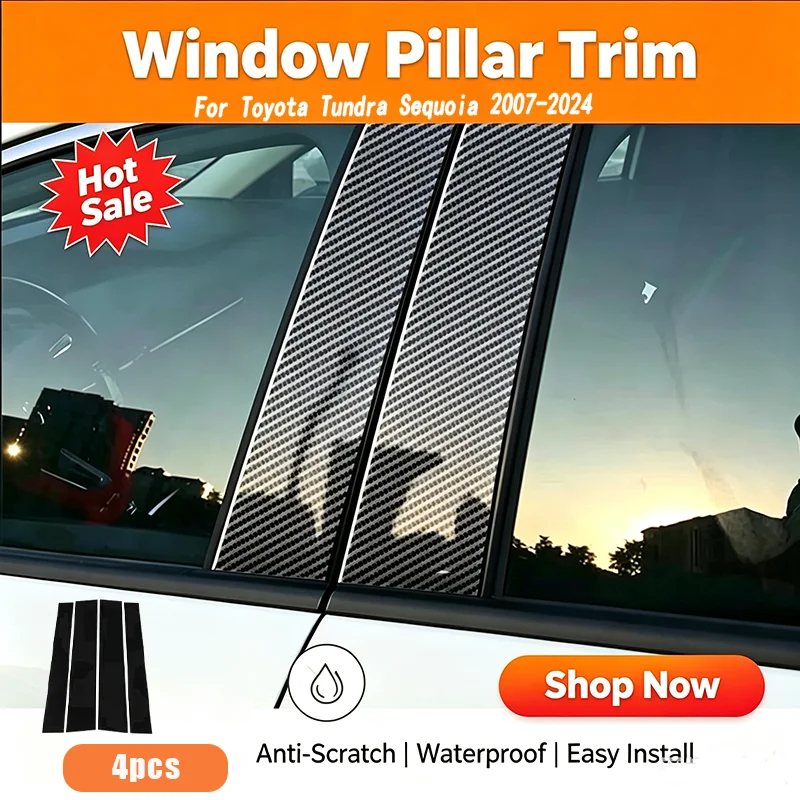 For Toyota Tundra Sequoia 2007-2024 Car Window Center Pillar Bright Black Trim Sticker Decorative Protector Exterior Accessories
