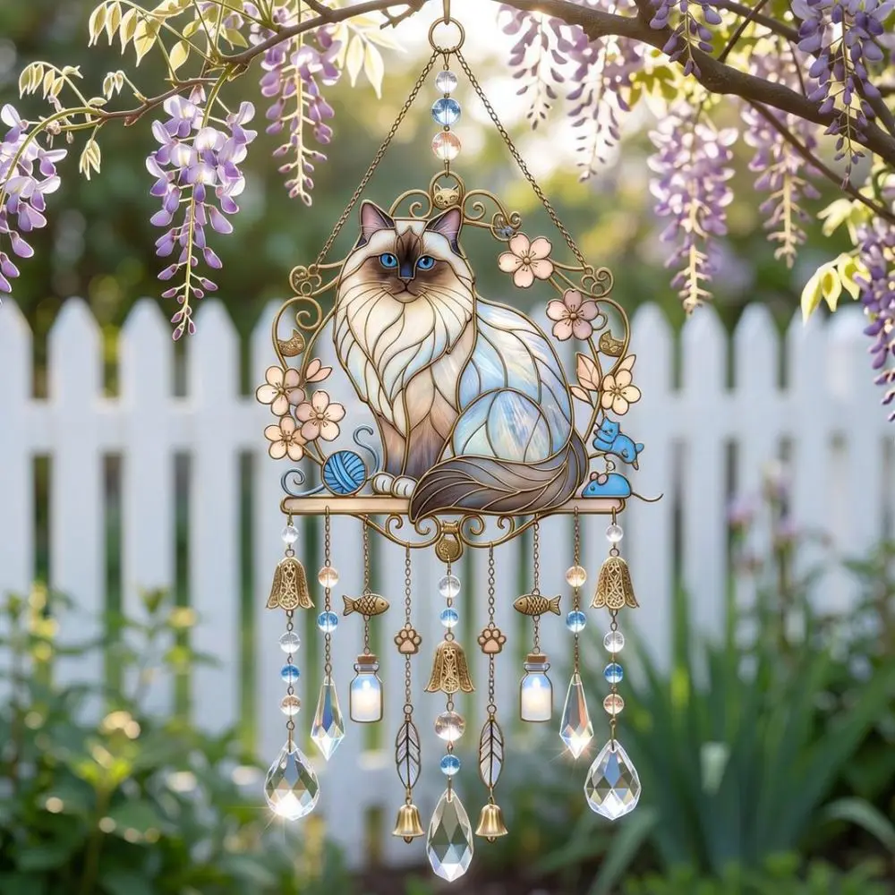 Beautiful Stained Acrylic Cat Wall Hanging Decor Creative Suncatcher Wind Chime Ornament For Home Office Garden