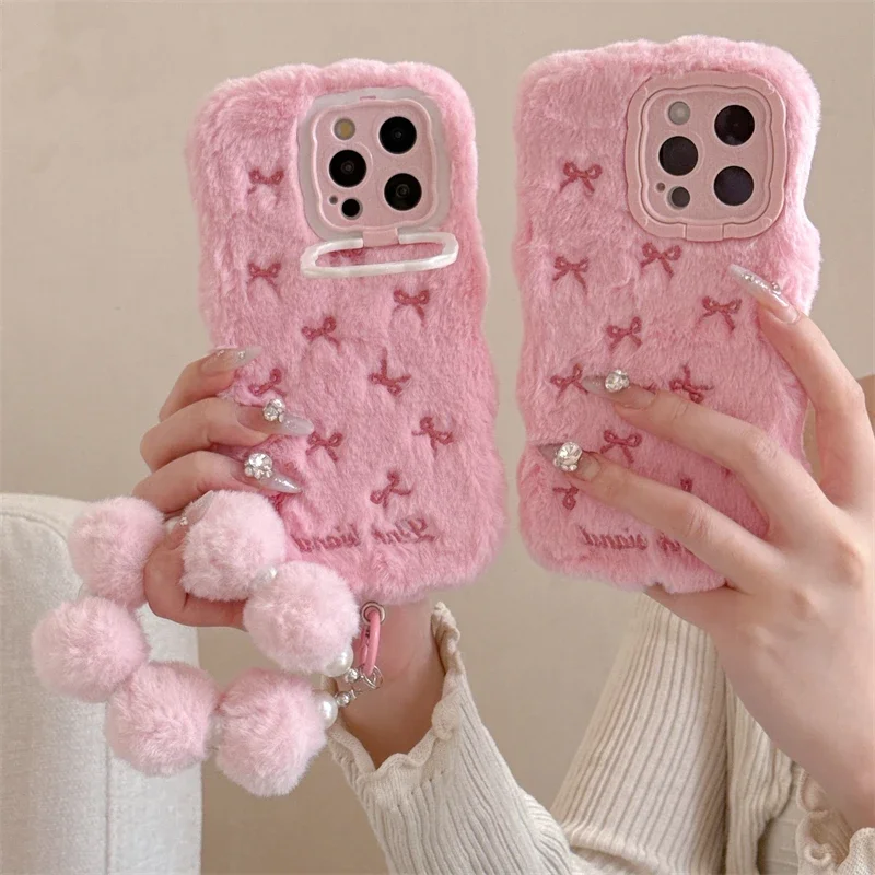 Cute Embroidery Bow Plush Phone Case For iPhone 16 15 14 13 Pro Max 14 Plus 15 Plus Pendant Fluff Toy Camera Protect Back Cover