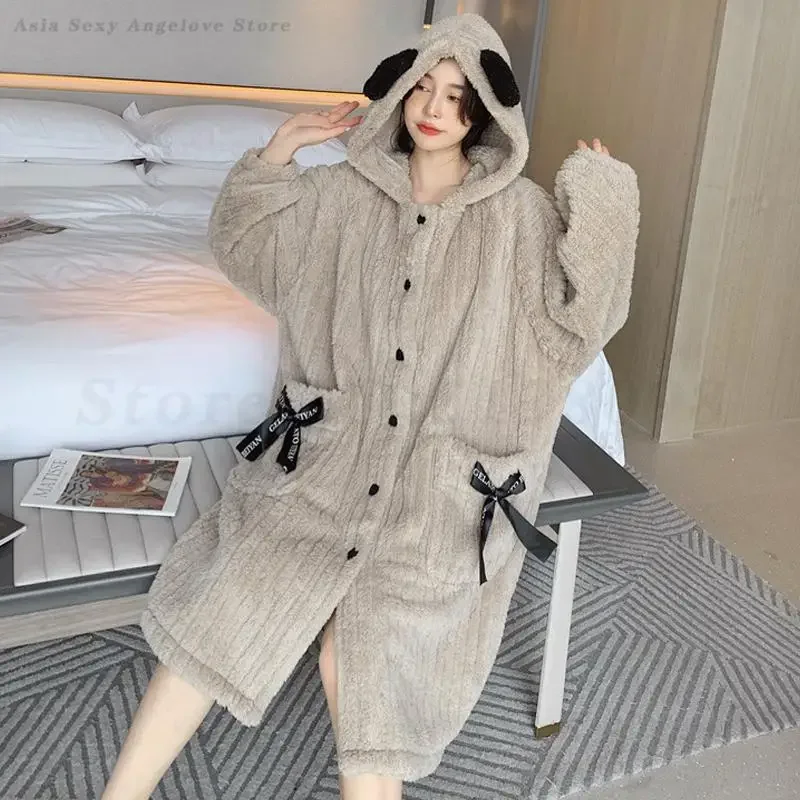 Women Hooded Bath Robe Kimono Gown Winter Thick Coral Fleece Nightgown Sleepwear Winter Loose Flannel Long Nightdress Home Wear